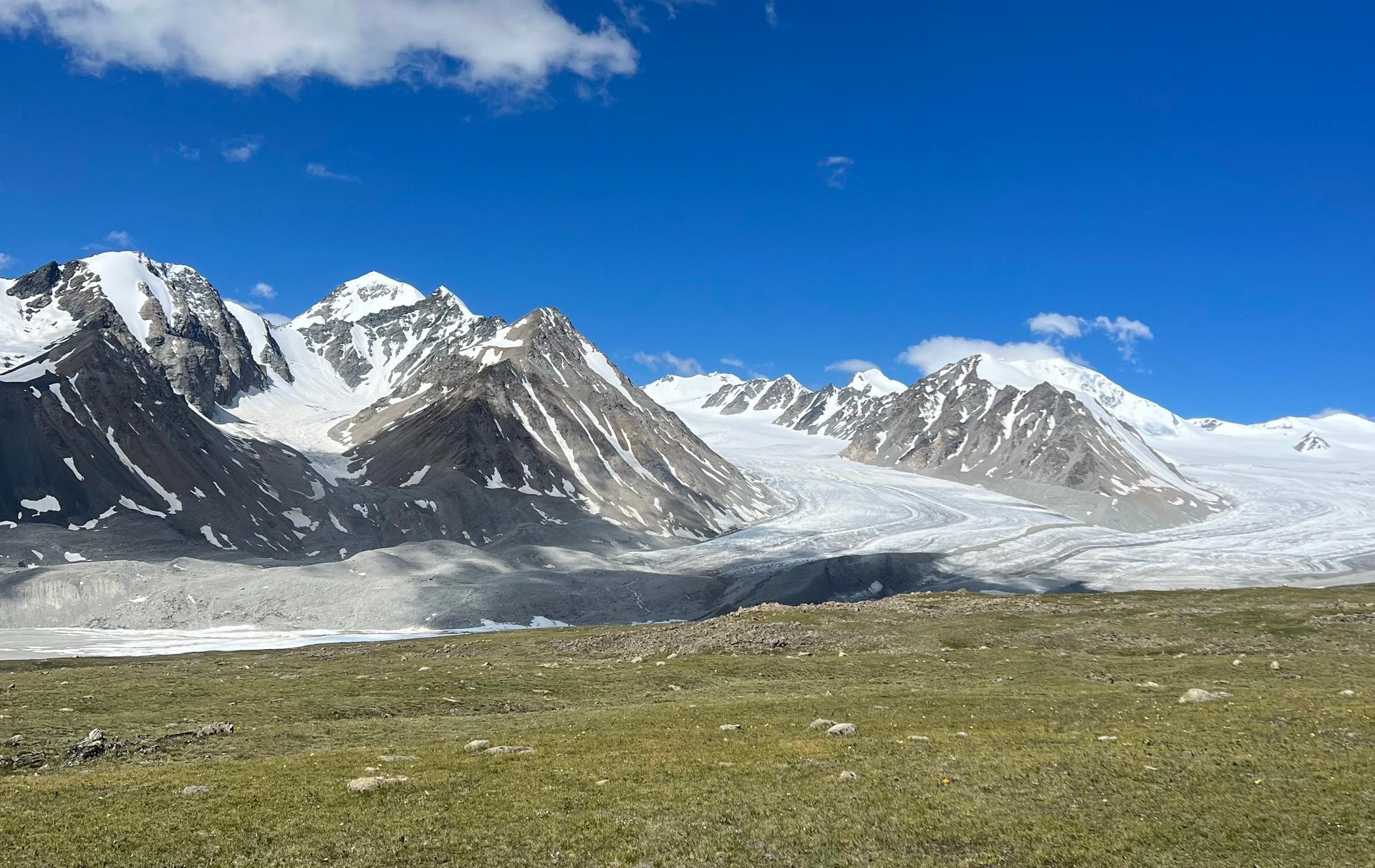 The snow-capped peaks of the Altai Mountains in western Mongolia.